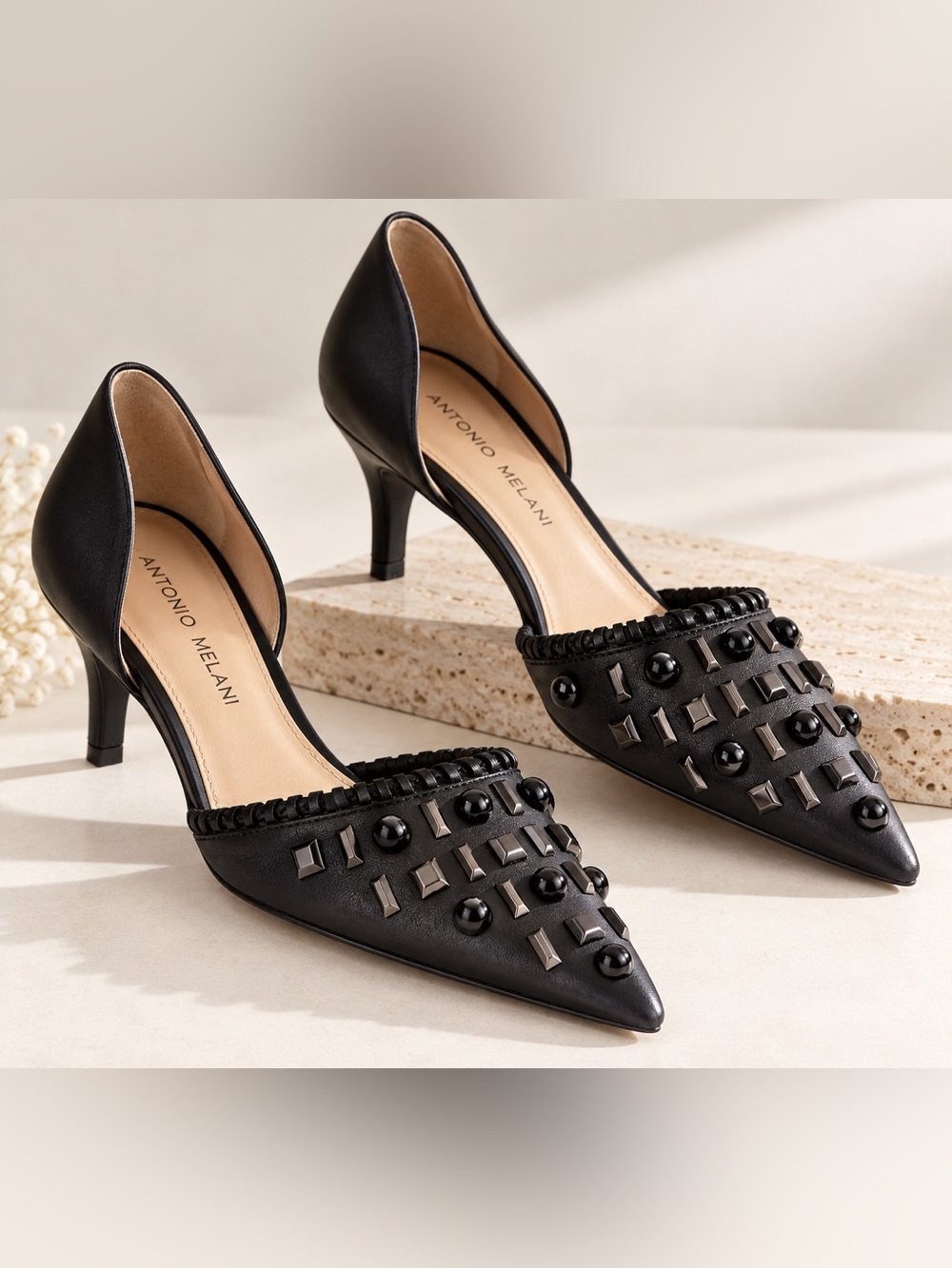 ANTONIO MELANI Black Pointed-Toe D'Orsay Heels with Stud Details